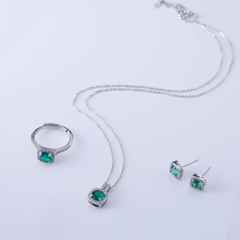 Ring Necklace & Earring Bridal Set Lab Created Emerald 14K White Gold Plated