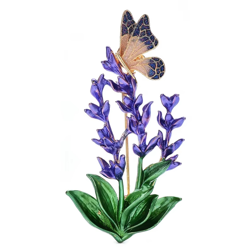 Sparkly Lavender Purple Flower Brooch Butterfly Gold Pin Spring Summer Jewelry G
