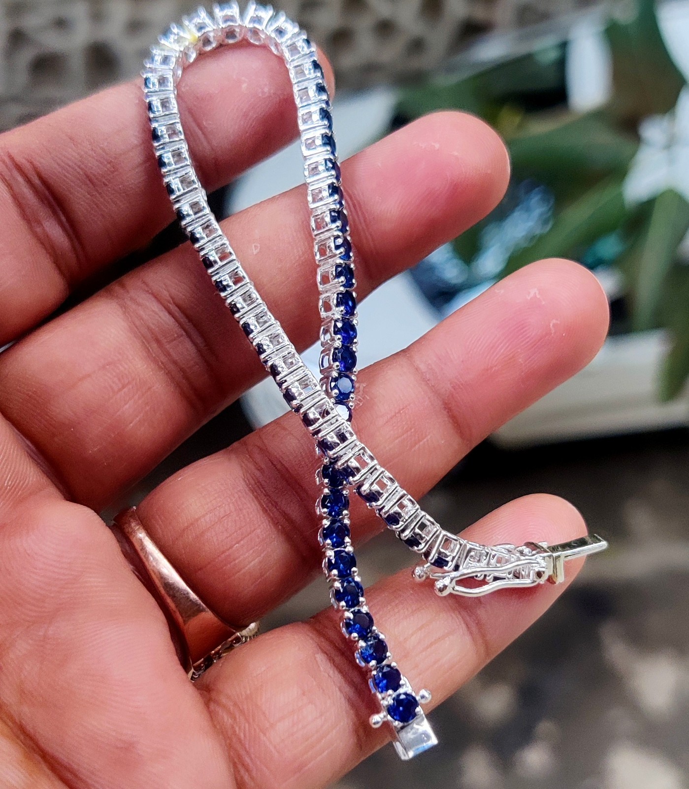 6Ct Lab Created Blue Sapphire Tennis Bracelet 7.5″ 14K White Gold Plated Silver