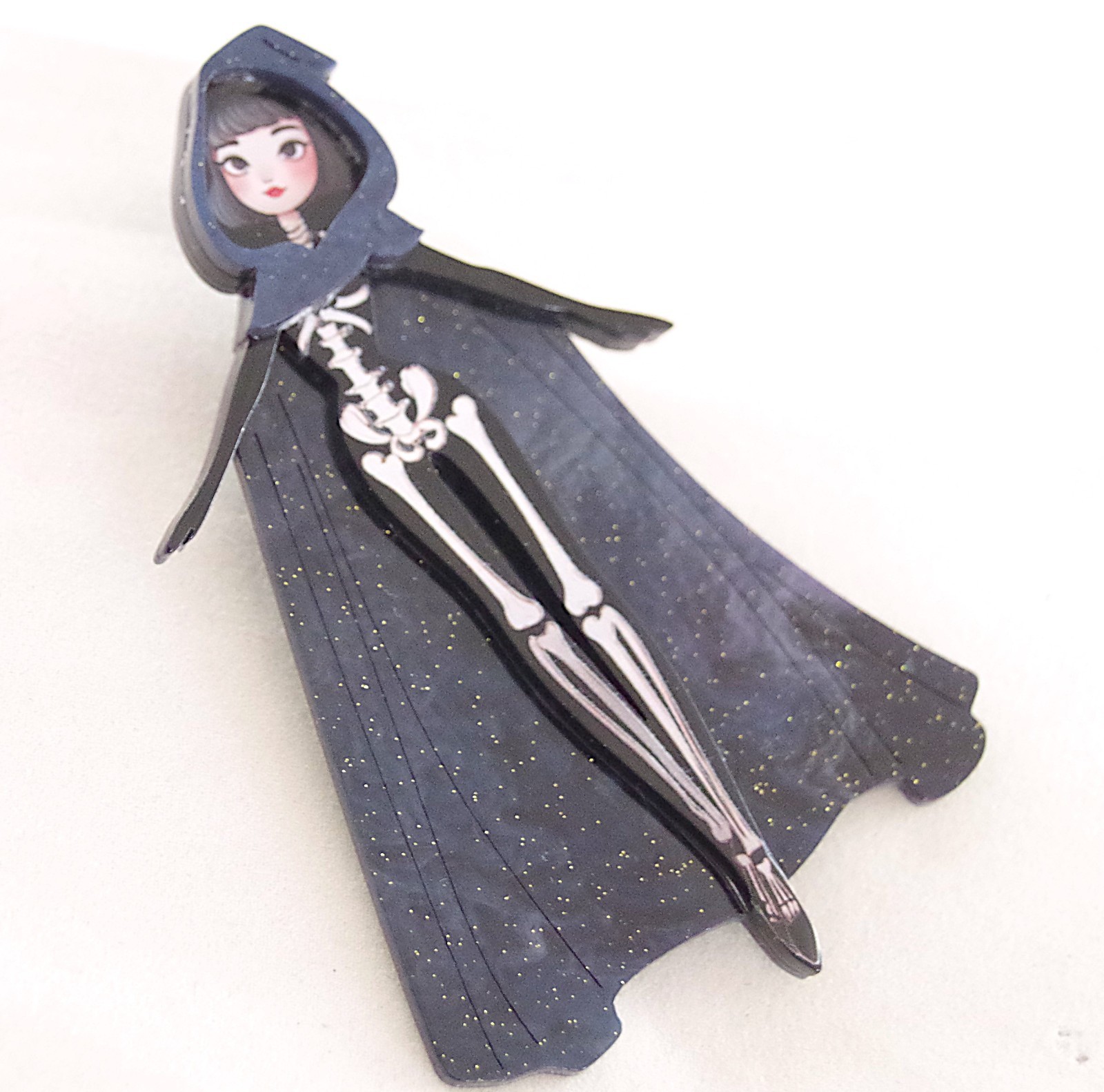 3.75″ NEW SKELETON ZOMBIE GOTH GIRL IN CAPE HALLOWEEN LAYERED ACRYLIC BROOCH PIN