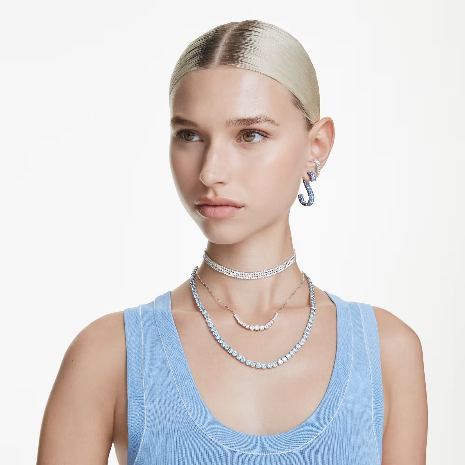 Swarovski Matrix Drop Earrings, Baguette Cut, Blue, Ruthenium Plated 5705780