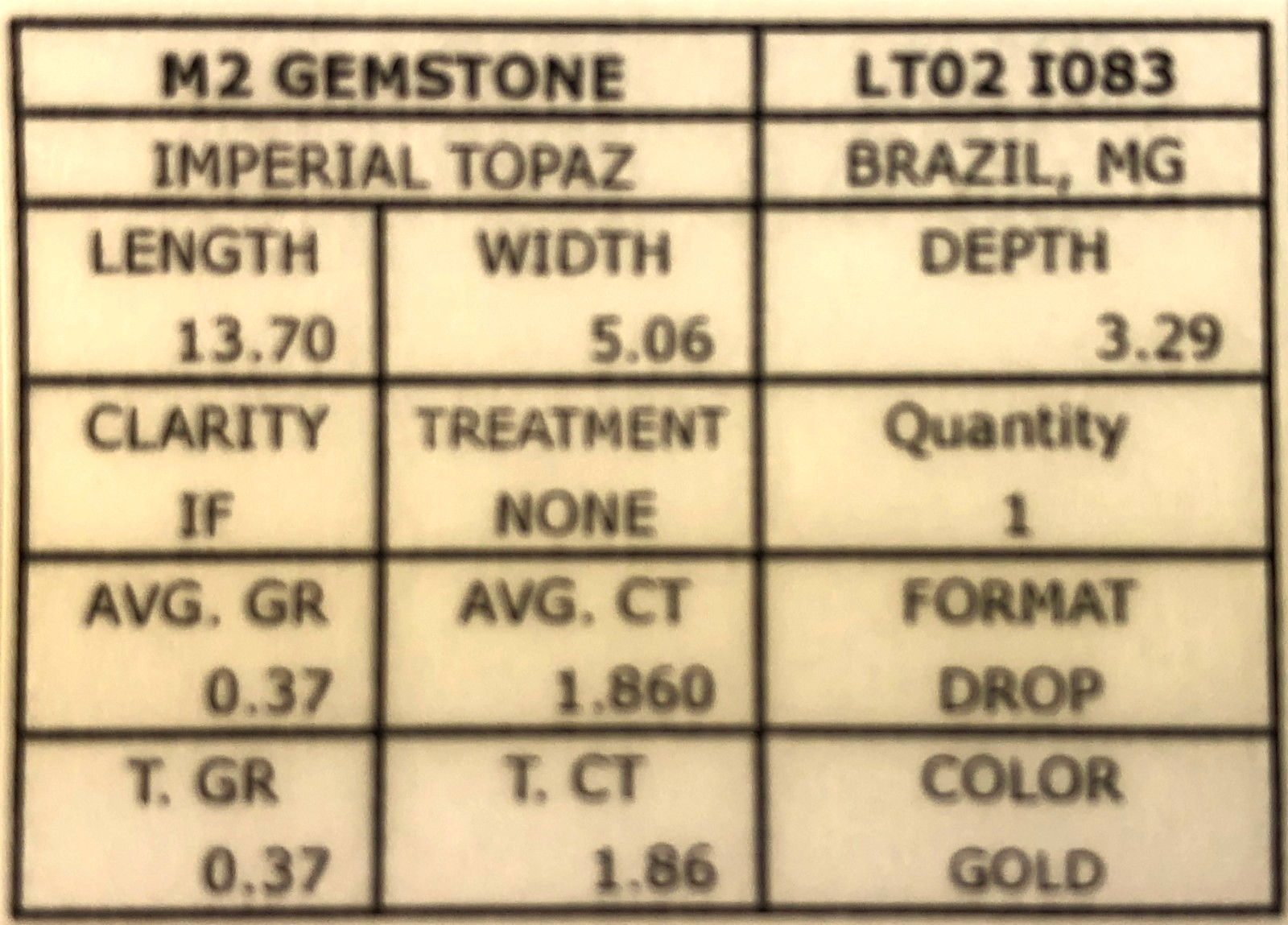 Imperial Topaz 1.86 Ct Clarity IF Pear Cut Natural Golden Brazil I083