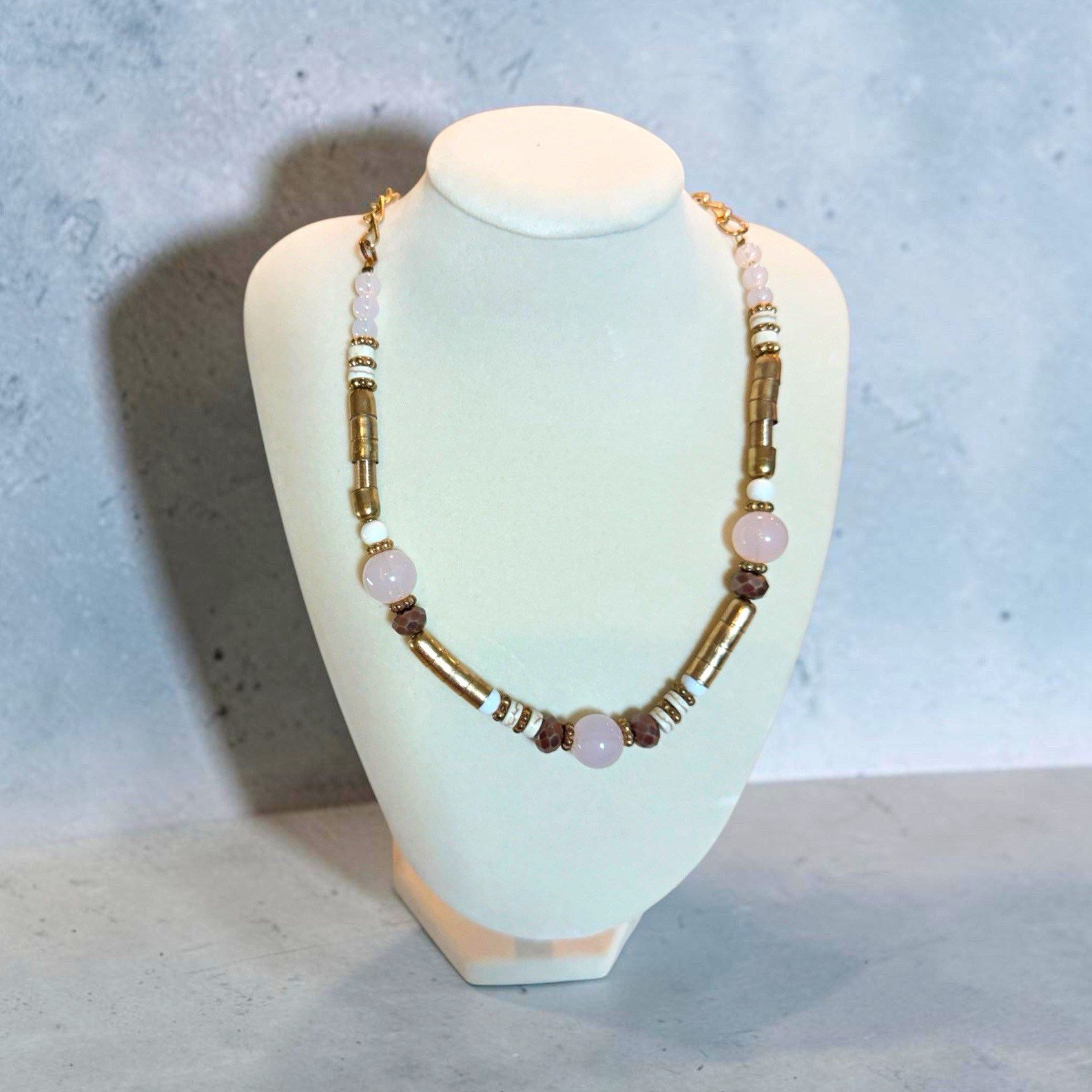 Gold Tone Link Chain Beaded Necklace, Pink & White Round Stone Beads