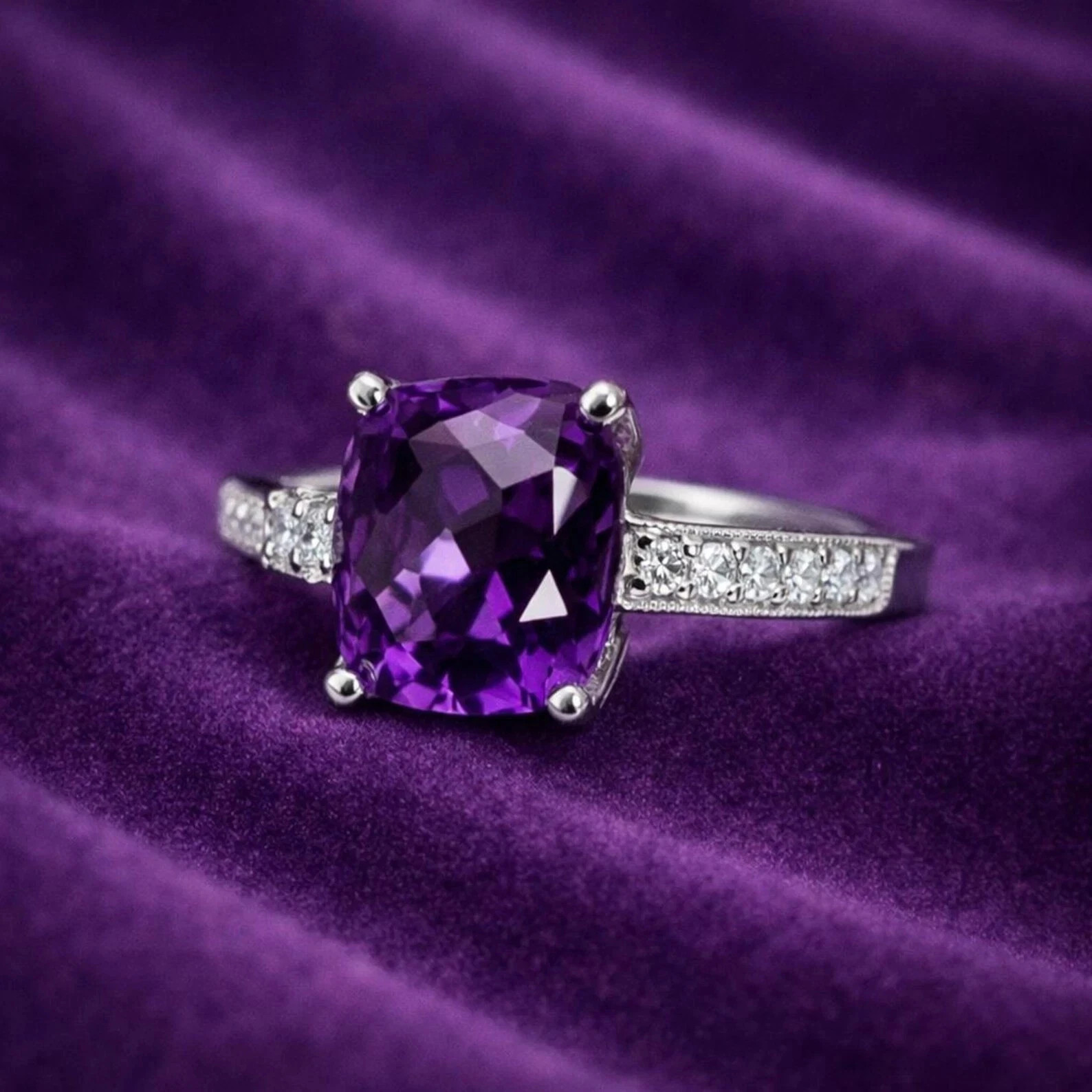 4.50 Ct Cushion Cut Natural Amethyst Diamond Wedding Ring 14K White Gold 6 7 8