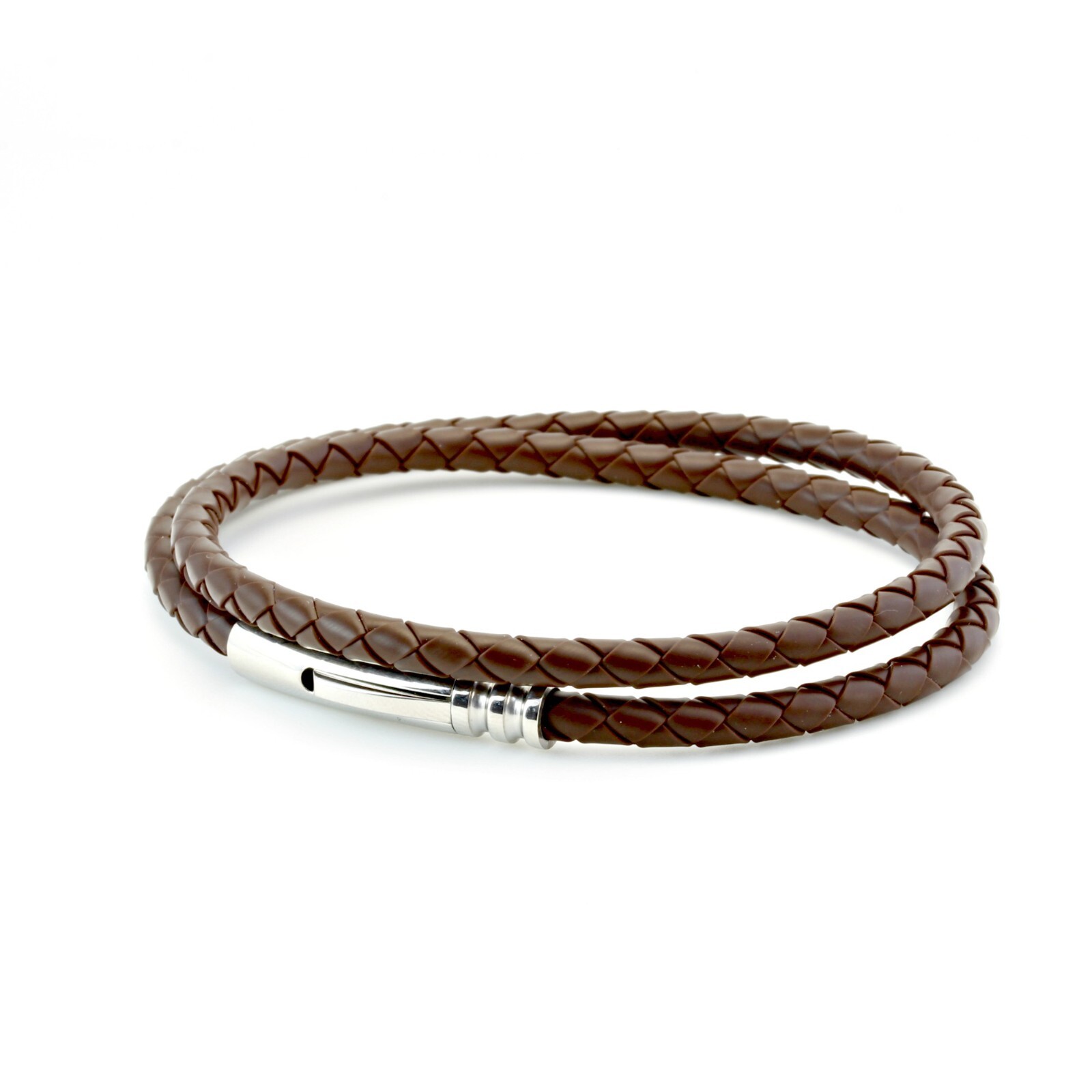 Men’s Double Wrap Braided Rubber Bracelet-Stainless Steel Trigger clasp-Brown