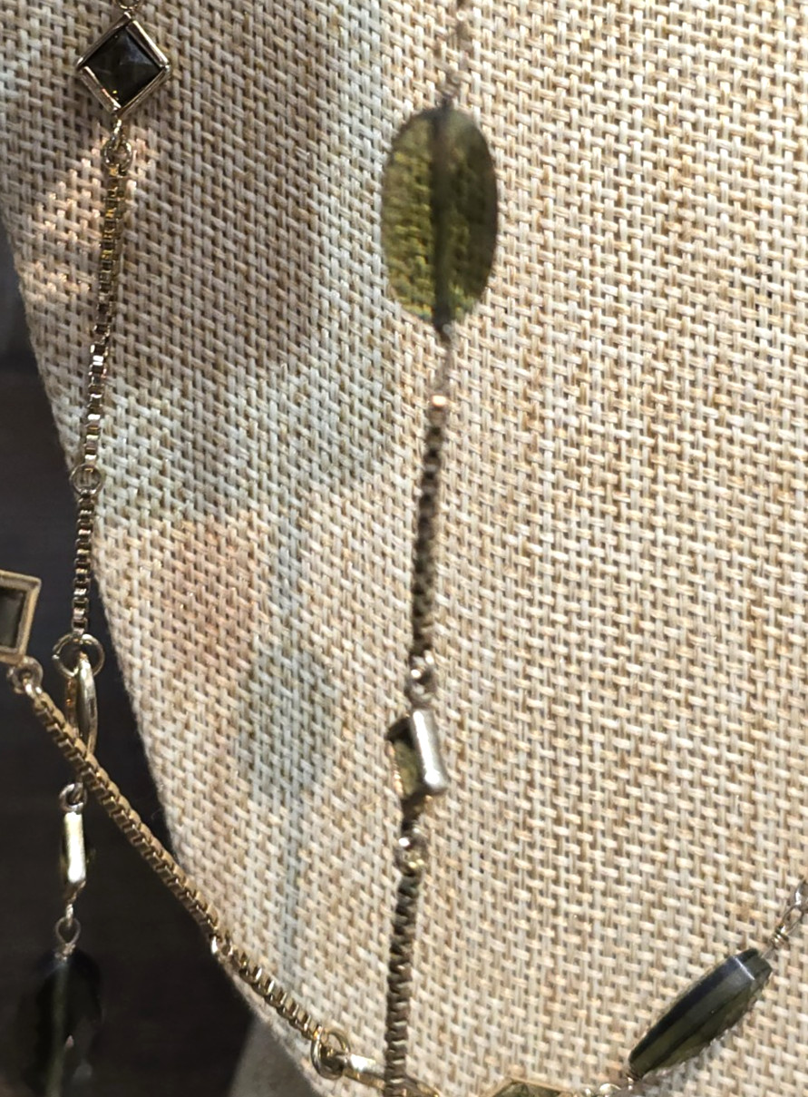Ellen Tracy Extra Long Necklace Gold Tone Olive Green Glass Beads
