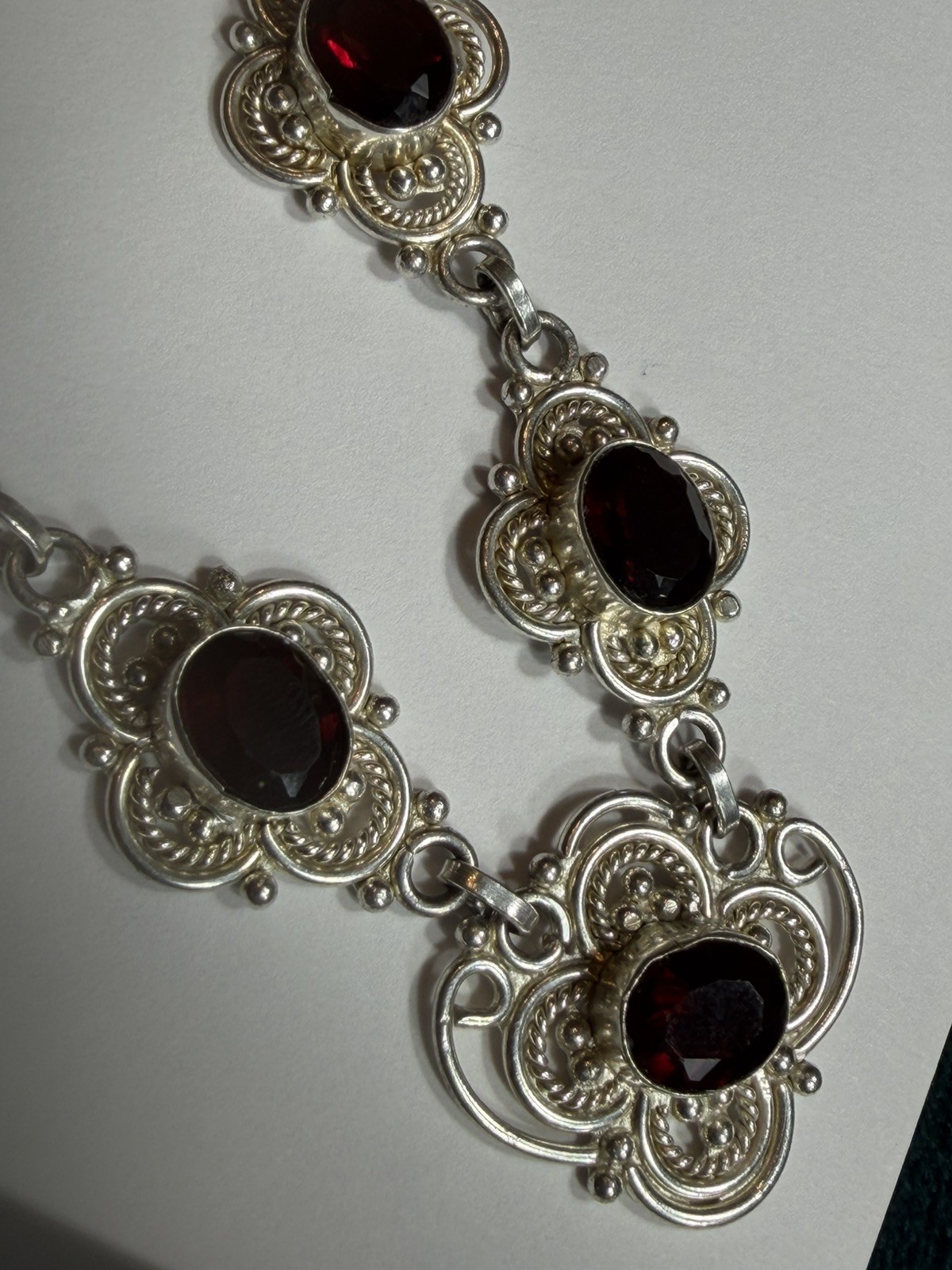 Gothic Victorian Art Deco Solid Silver Garnet Handmade Panel Necklace