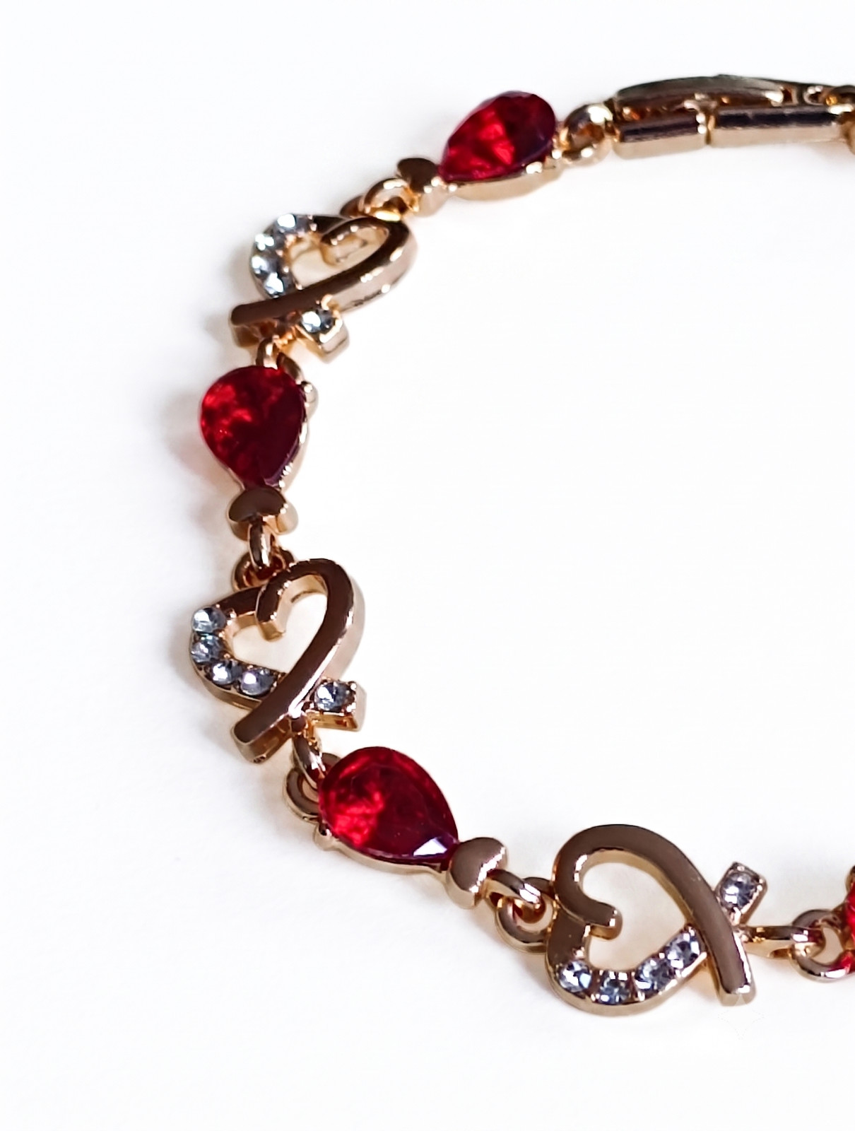 Gold Red Heart Diamante Jewel Link Bracelet Womens Jewellery Elegant UK Seller