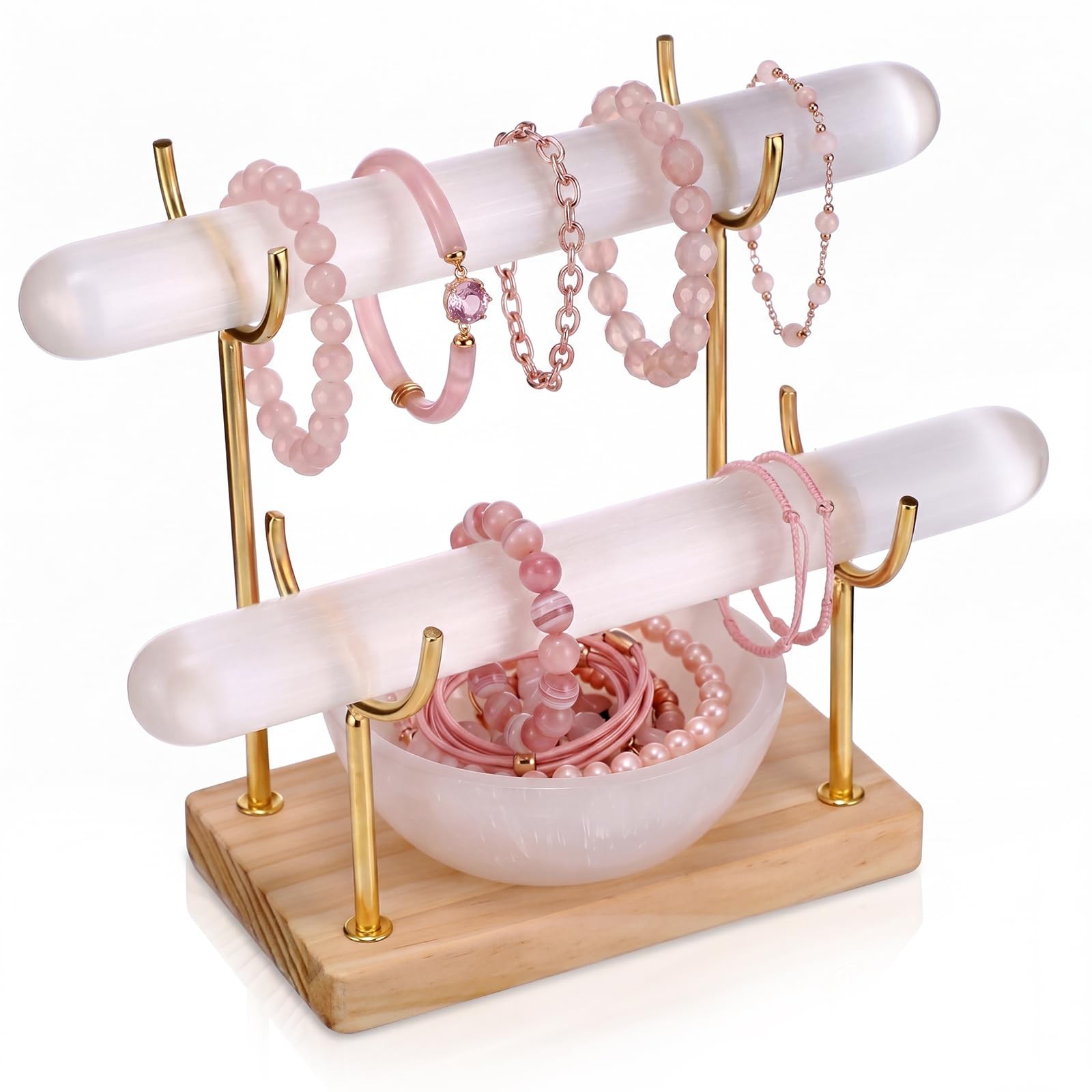 2 Tier Selenite Bracelet Holder Display Stand Selenite Crystal Bowl Detachabl…