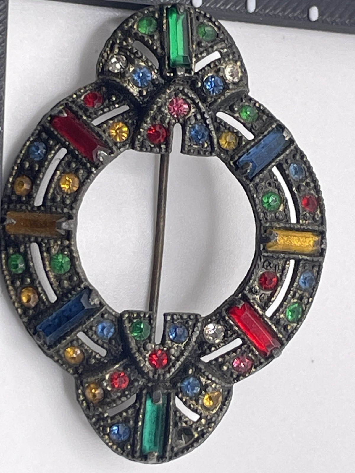 Vintage Art Deco Czech Brooch Pot Metal Rhinestone Multicolor READ