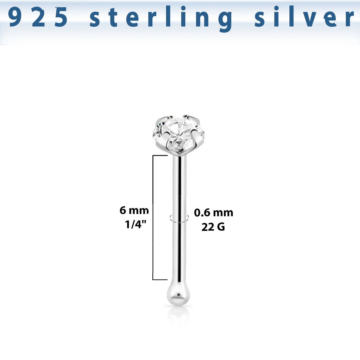 2pcs. 22G .925 Sterling Silver Nose Bone Round Clear CZ Prong Set Nose Ring Stud