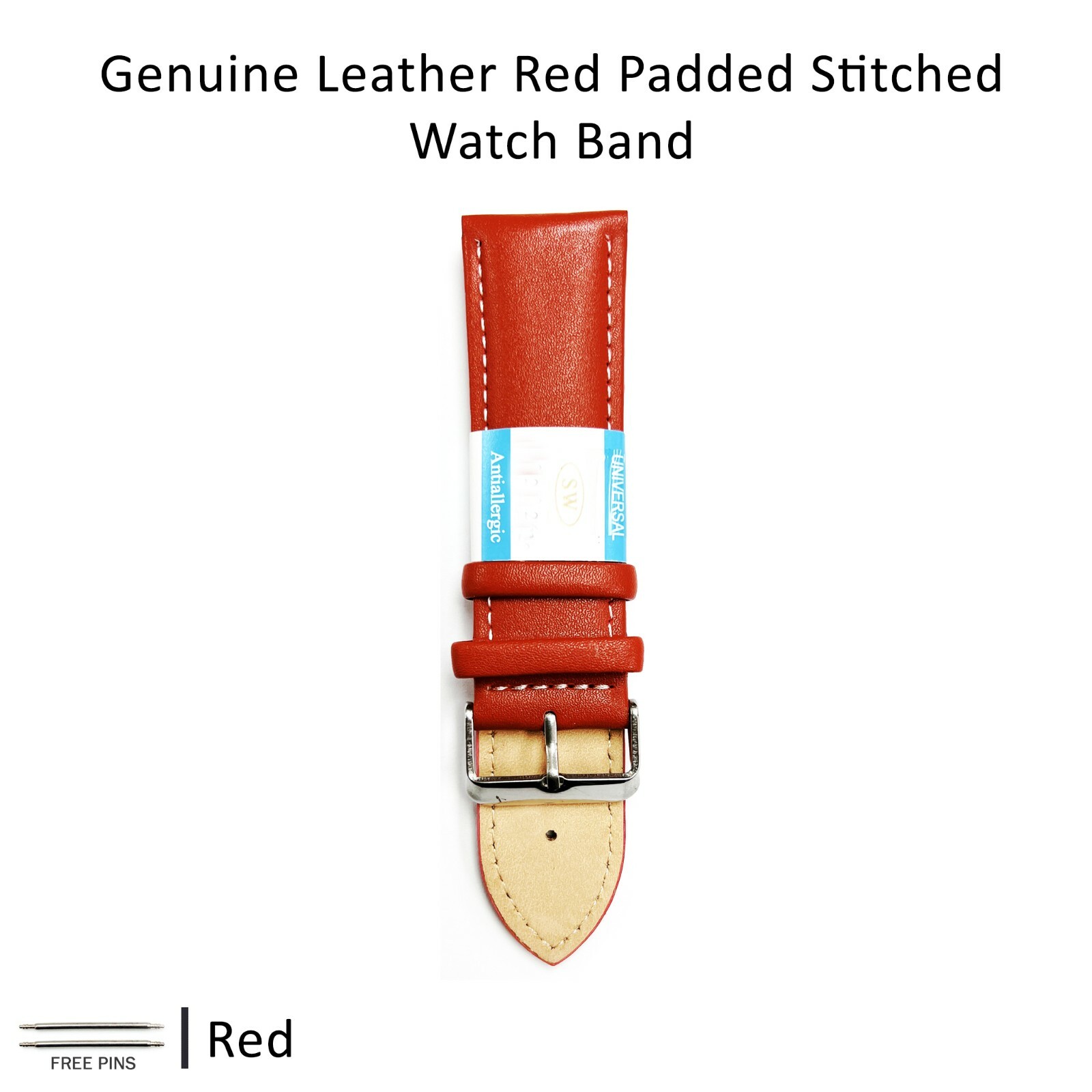 Genuine Leather Red Color Watch Band 12 MM to 30 MM Red & White Stitched