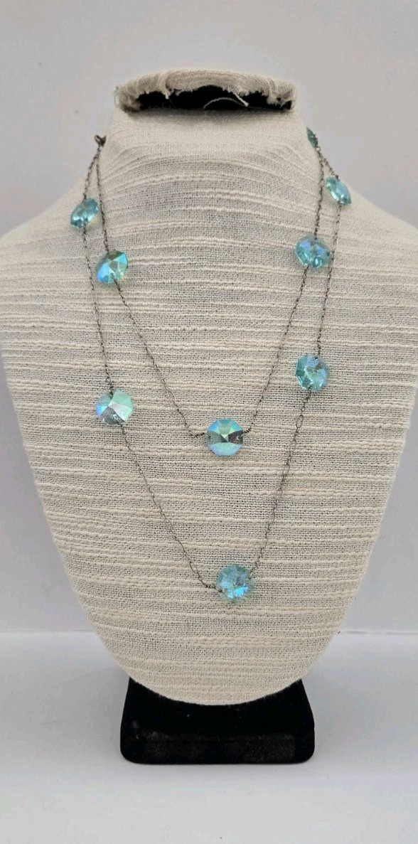 Vintage 925 Starling Silver Blue Crystal 41″ Long Station Necklace