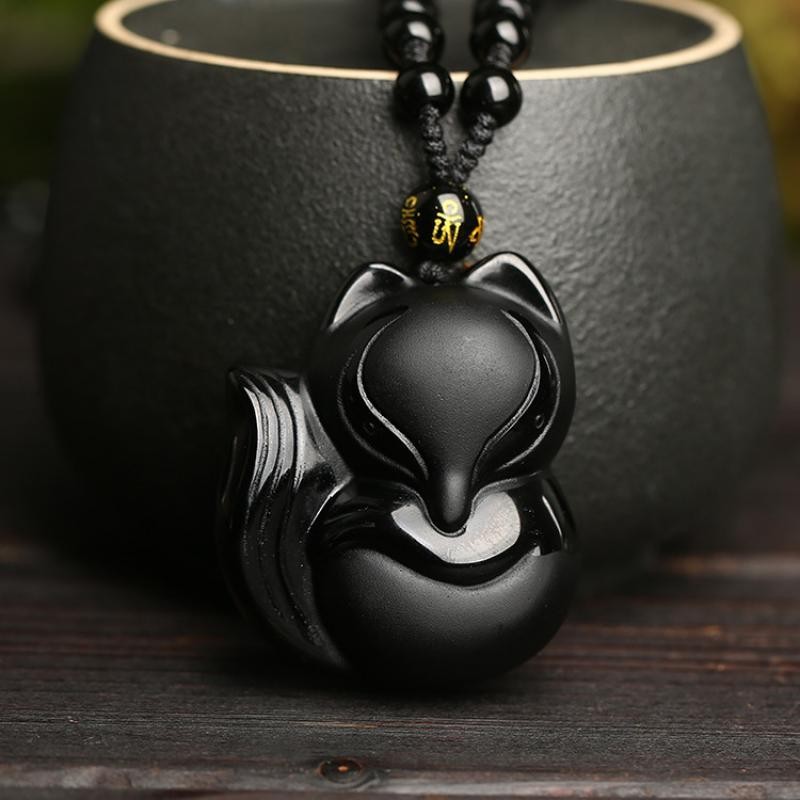 Vintage Exquisite Obsidian Fox Pendant Beaded Chain Necklace Charm Unisex Amulet