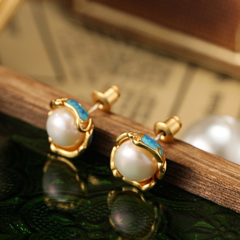 925 Silver Post Copper Natural Freshwater Enamel Pearls Earrings Stud Jewelry