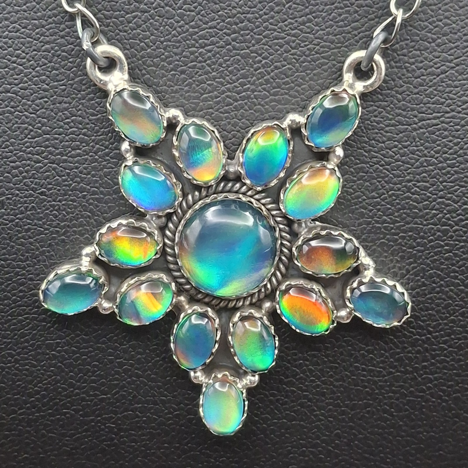 Aurora Opal Starburst Cluster Necklace 18-20″ Sterling Silver Southwestern
