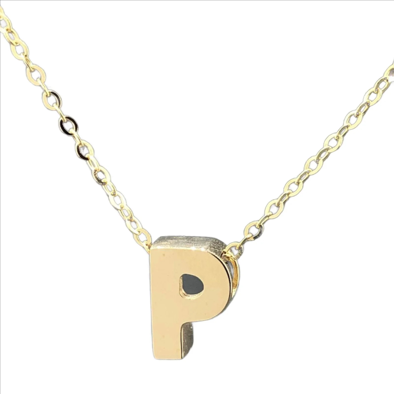 14K Yellow Gold initial ‘P’ pendant on a 16″ chain with a 2″ extender