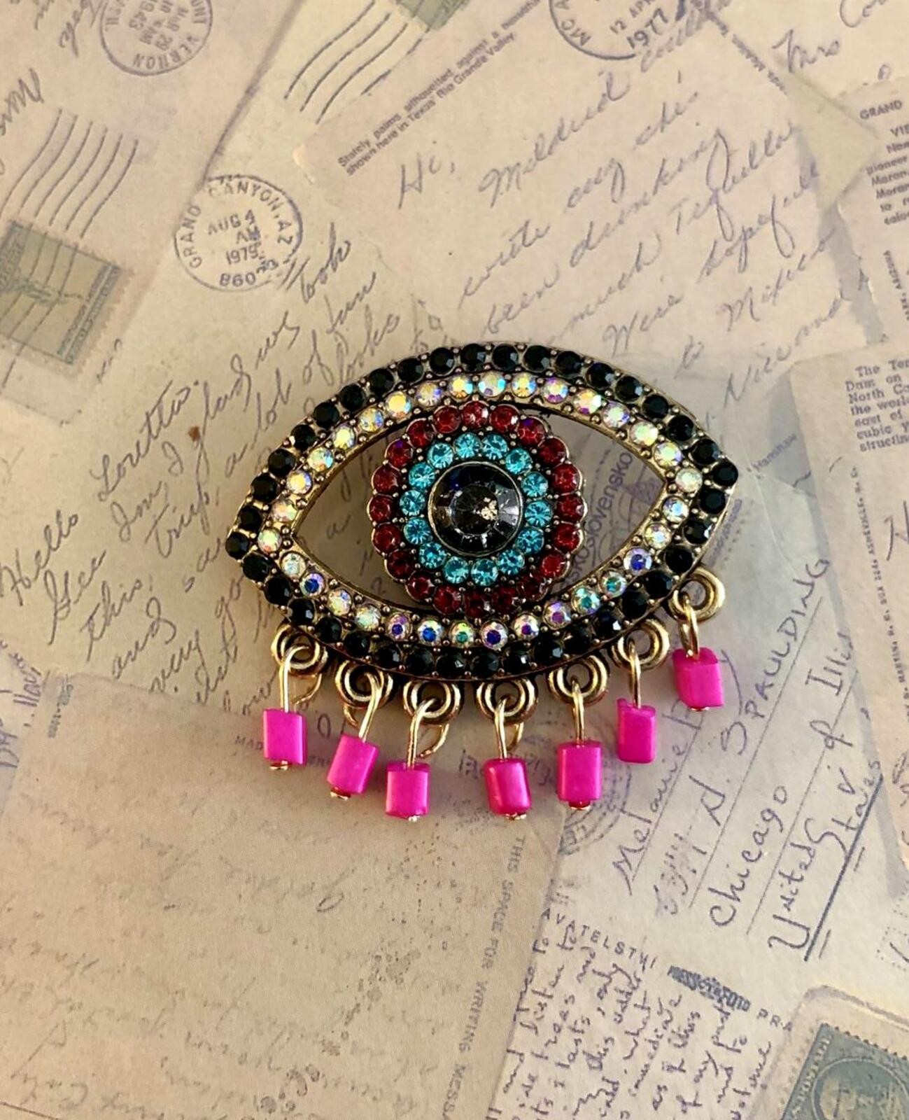 Multi Color Rhinestone Evil Eye Brooch Pink Bead Fringe