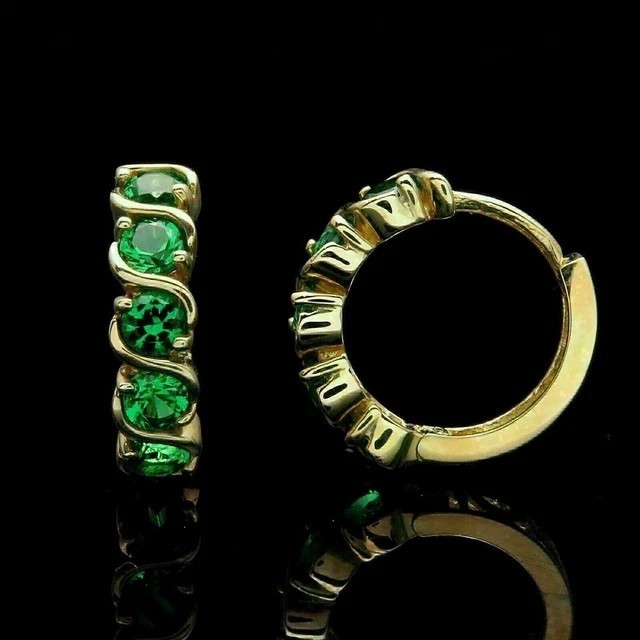 Round Cut Simulated Green Emerald Clip On Hoop Earring In 14k Yellow Gold Plated