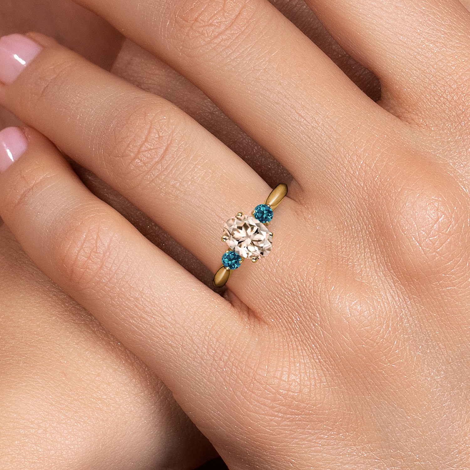 10K Yellow Gold Peach Morganite and London Blue Topaz 3-Stone Ring For Women |