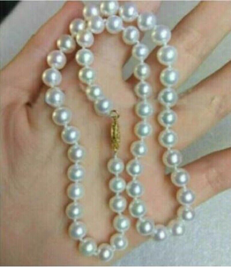 GENUINE AAA 9-8MM Cultured Akoya WHITE PEARL NECKLACE 14K gold clasp 18″