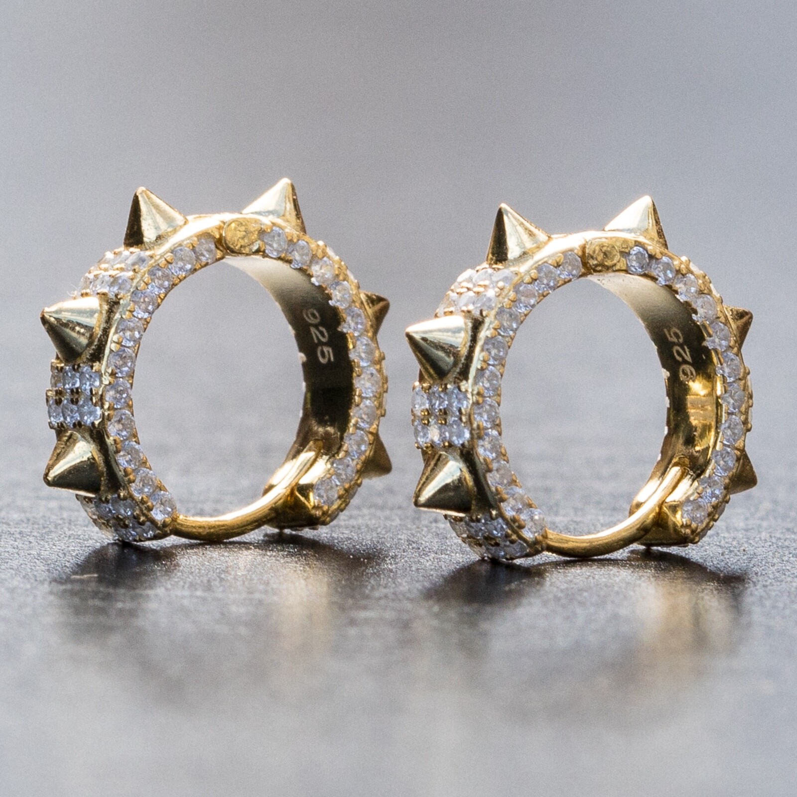 14K Gold Mens 925 Sterling Silver Fully Iced Cz Small Spike Huggie Hoop Earrings