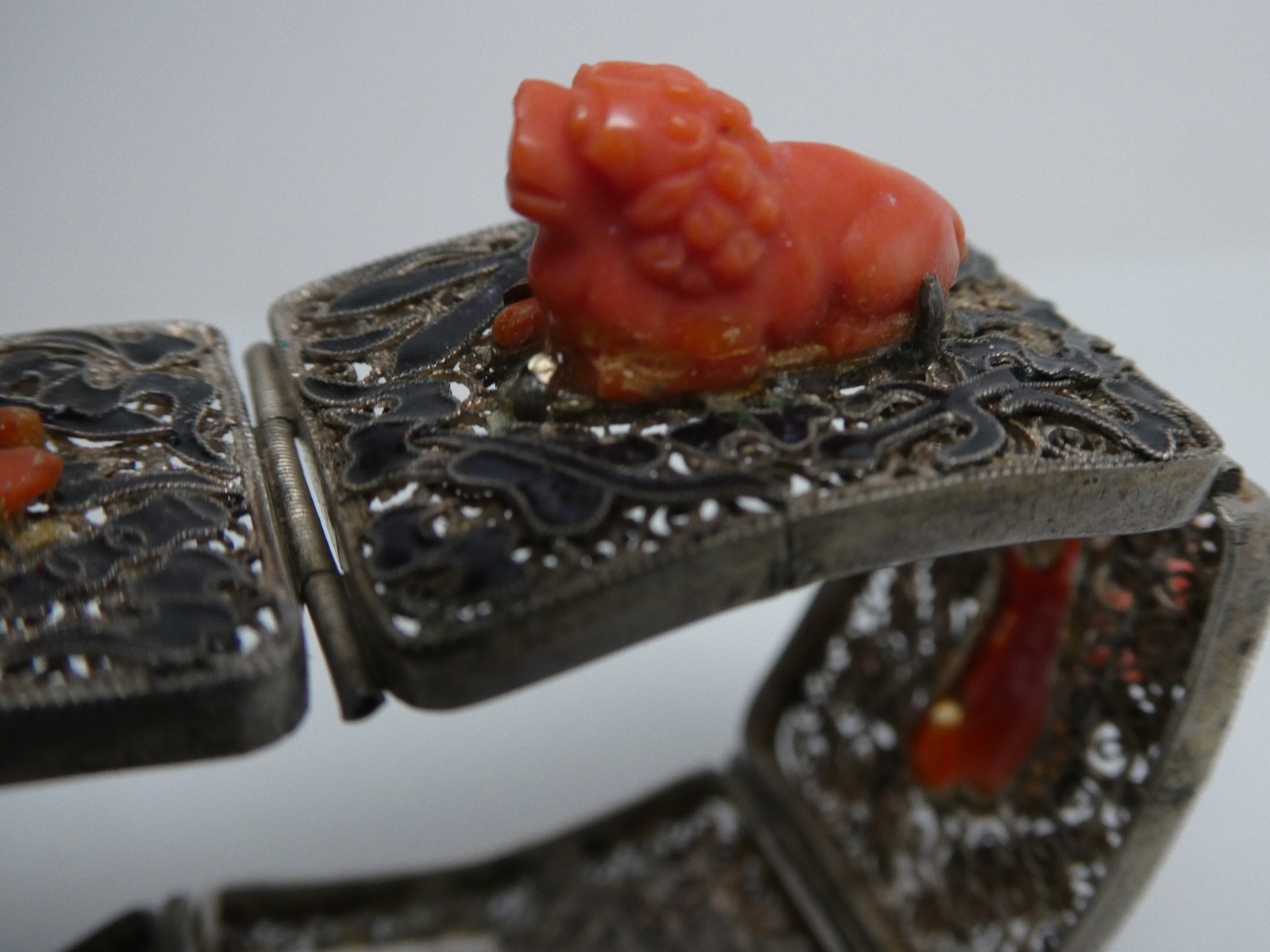 Vintage Chinese Export RARE Coral Lion Enamel Gilded Silver Bracelet Size 6.5″