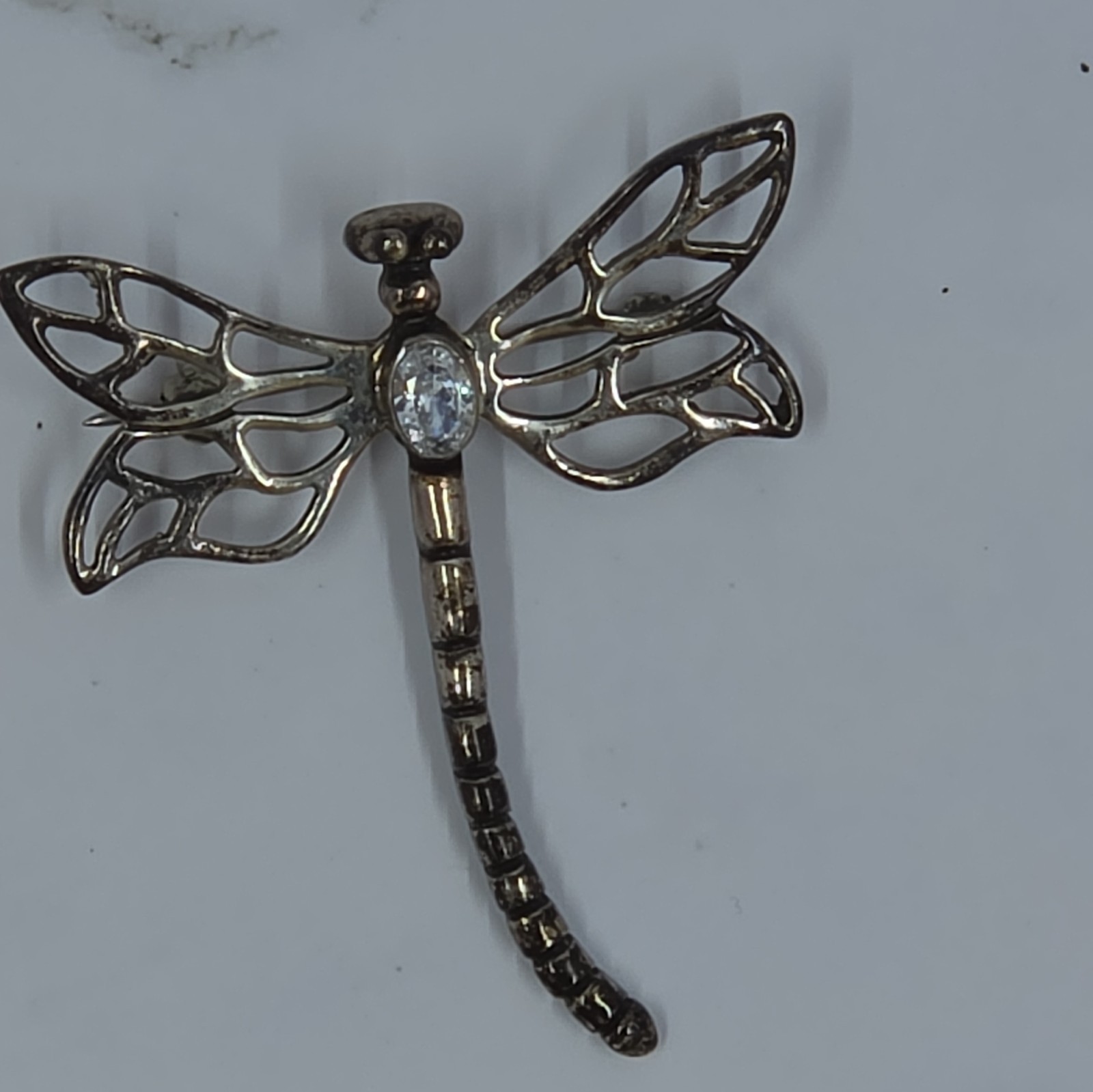 Dragonfly Brooch Pin Silver Tone Metal Clear Oval Rhinestone Center Stone