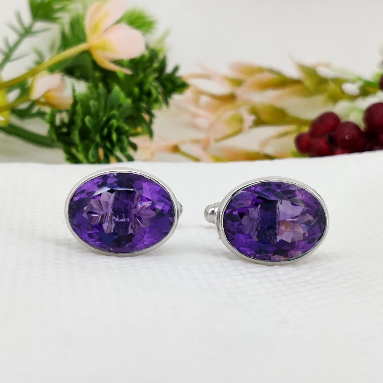 Natural Amethyst Silver Cuff Links for Men 12×16 mm Oval Gemstone Cuffs for him