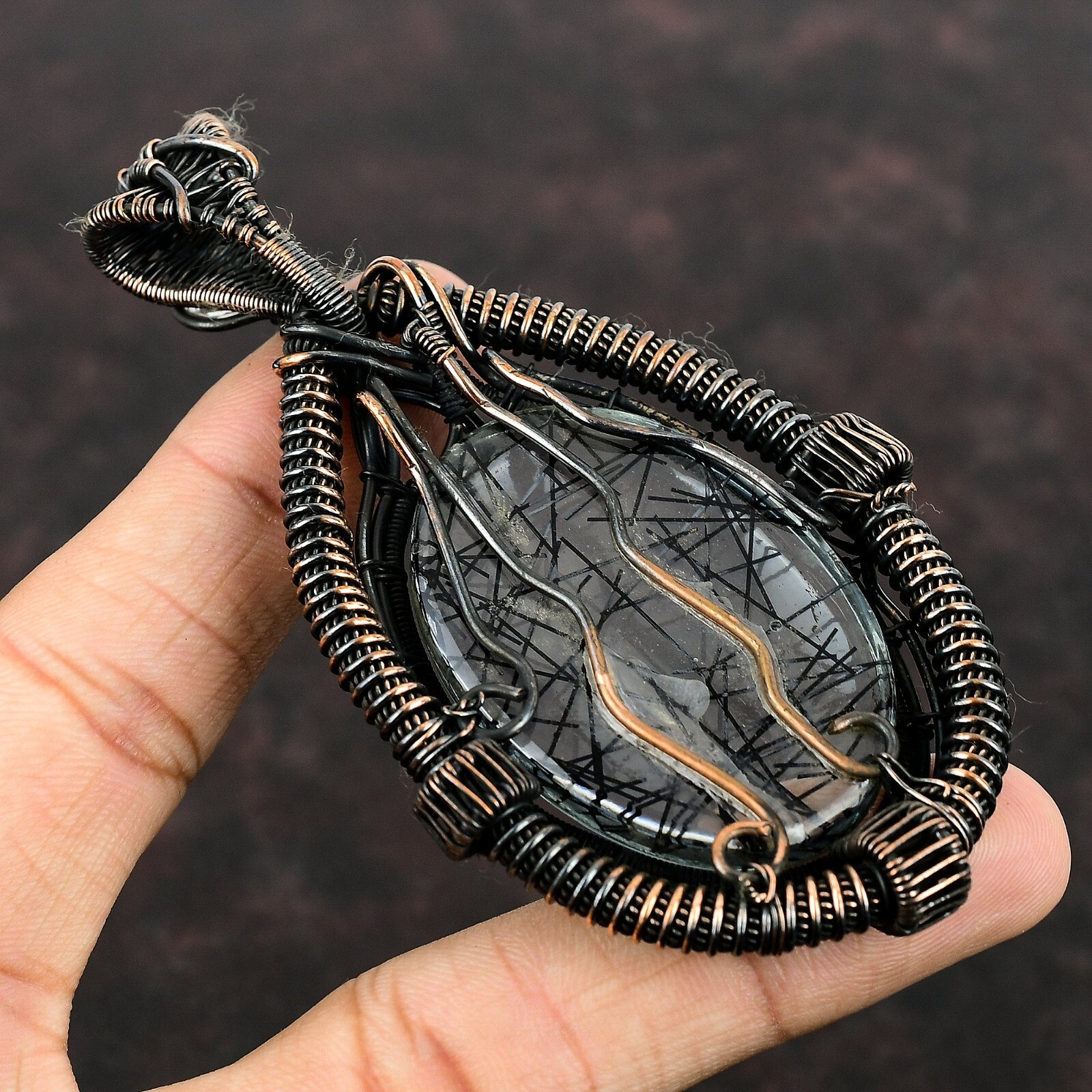 Black Rutile Jewelry Copper Gift For Bridesmaid Wire Wrapped Pendant 3.94″