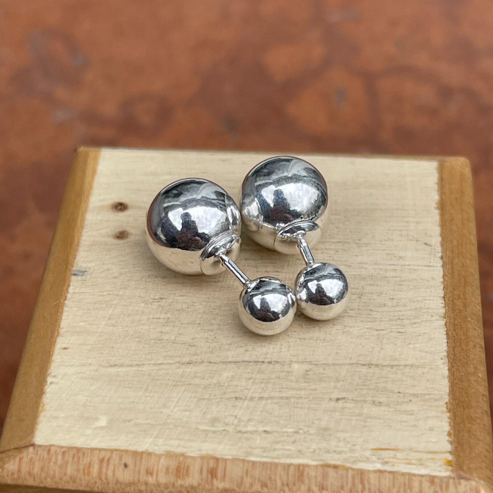 Sterling Silver Polushed Finish Double-Ended Ball Earrings 10MM x6MM NEW