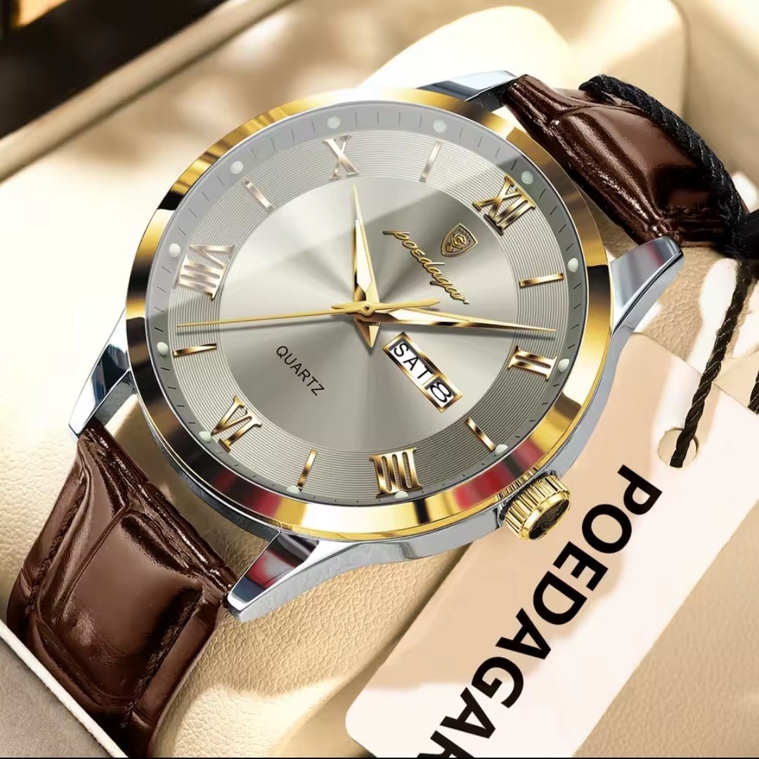 POEDAGAR Luxury Watch Quartz Men’s With Leather Strap Waterproof Wristwatch.
