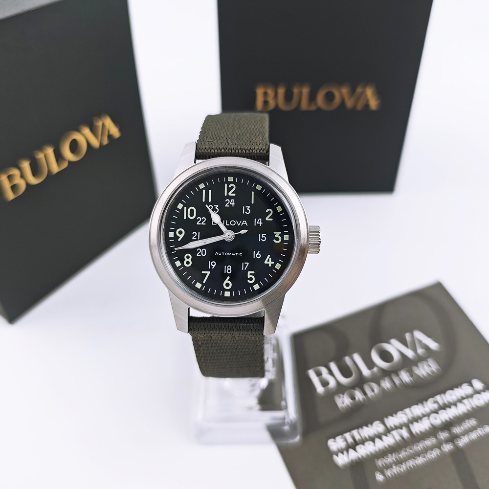 Bulova 96A259 Hack Black Dial Green Leather Strap Automatic Men’s Watch 38MM