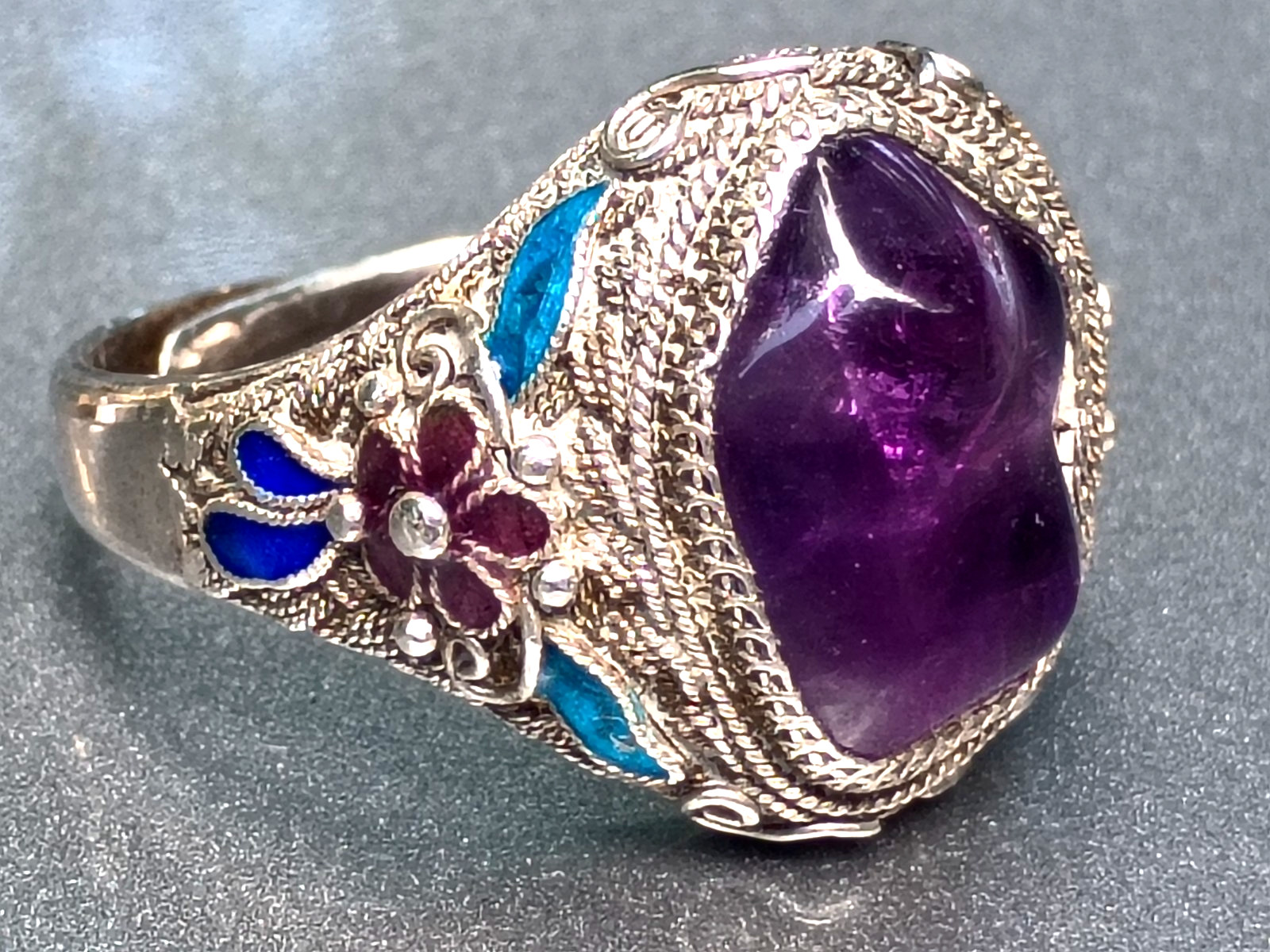 Antique Chinese Export Ring Large Amethyst Sterling Silver Filigree Cloisonné