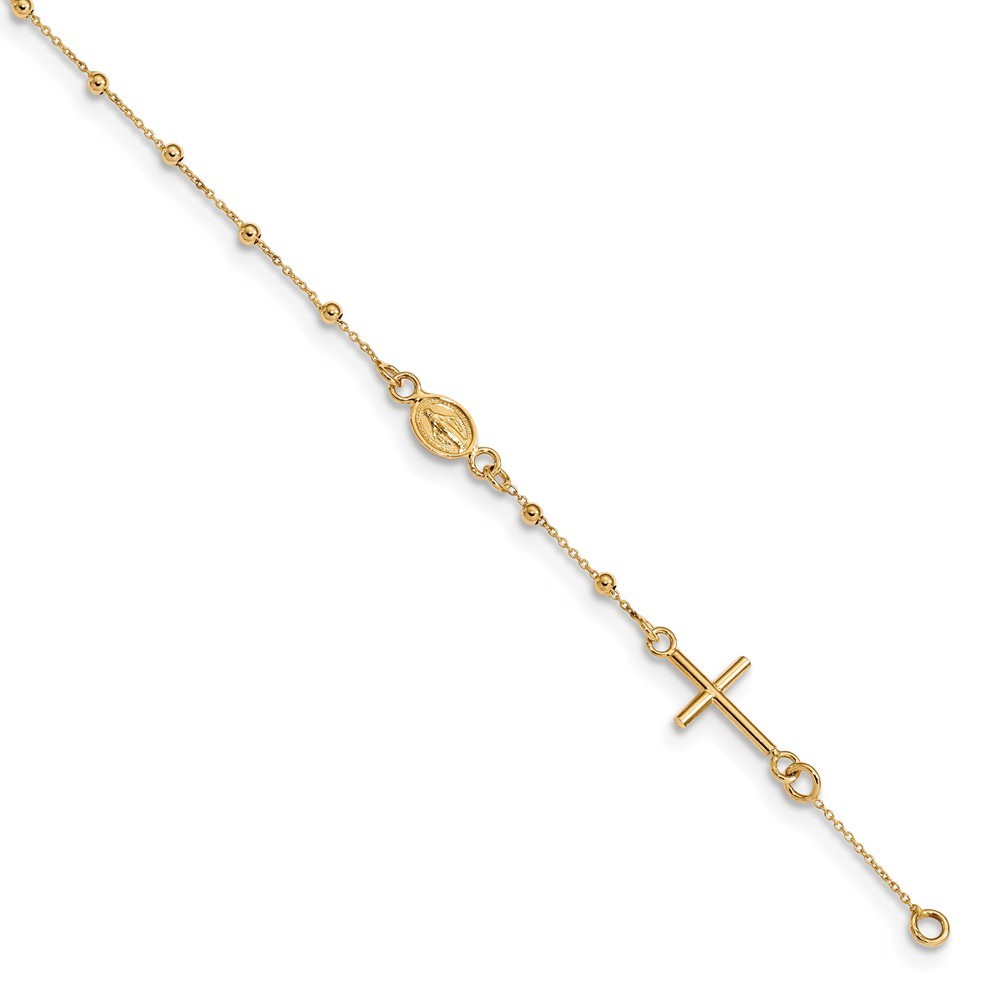 Real 14kt Yellow Gold Polished Cross Rosary 7.5 inch Chain Bracelet; 7.5 inch