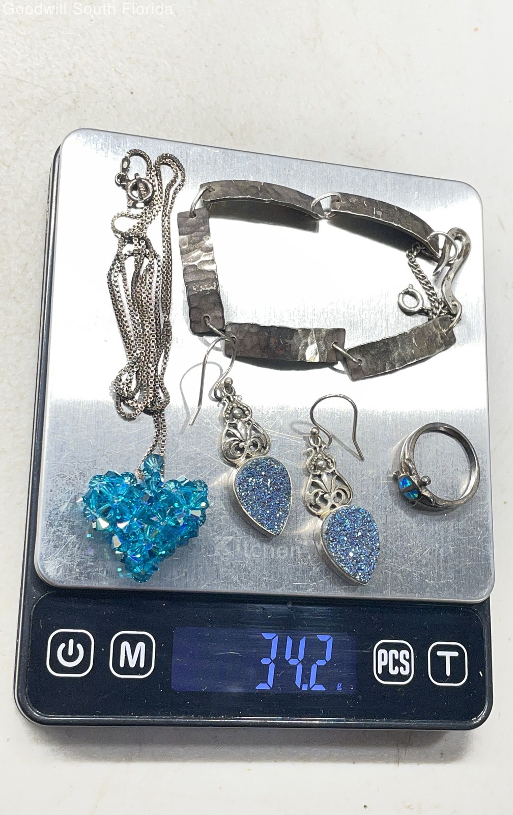 Silver Stamped/Unstamped Chain-Pendant-Bracelet-Earrings-Ring (4 Pcs) 34.2gr