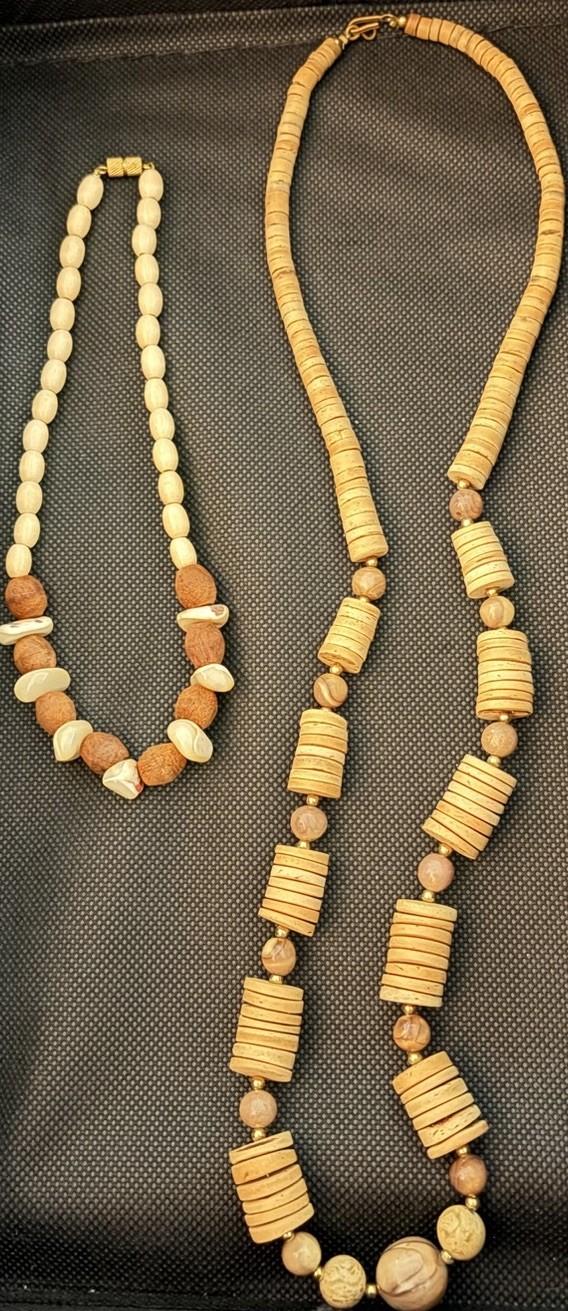 Lot of 2 Wood Beaded Strand Necklaces, Beige & Brown, No Stone