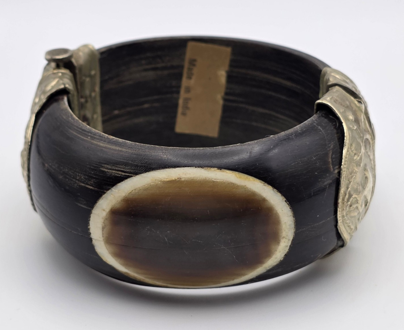 Black Horn Bone Inlay Brass Hinged Pin Clasp Wide Bangle Bracelet India Vintage