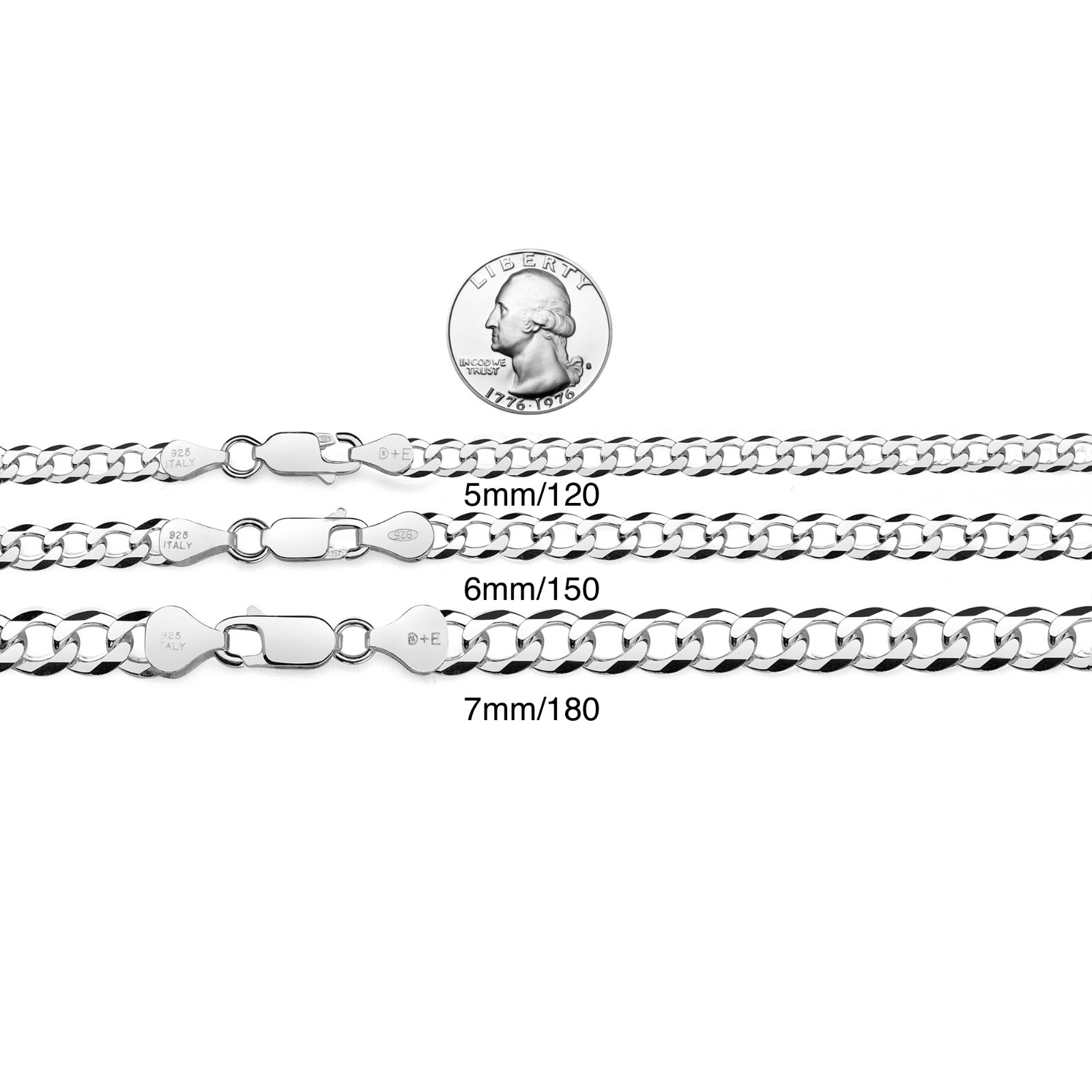 Men’s 925 Sterling Silver Curb Chain Necklace Made in Italy (Size 3mm-8mm)