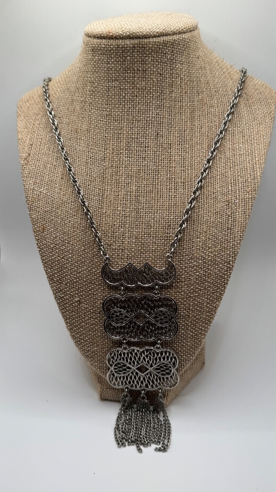 VTG Hillcraft BibNecklace Runway 20” Silver-tone Statement Asian Tassels Jewelry