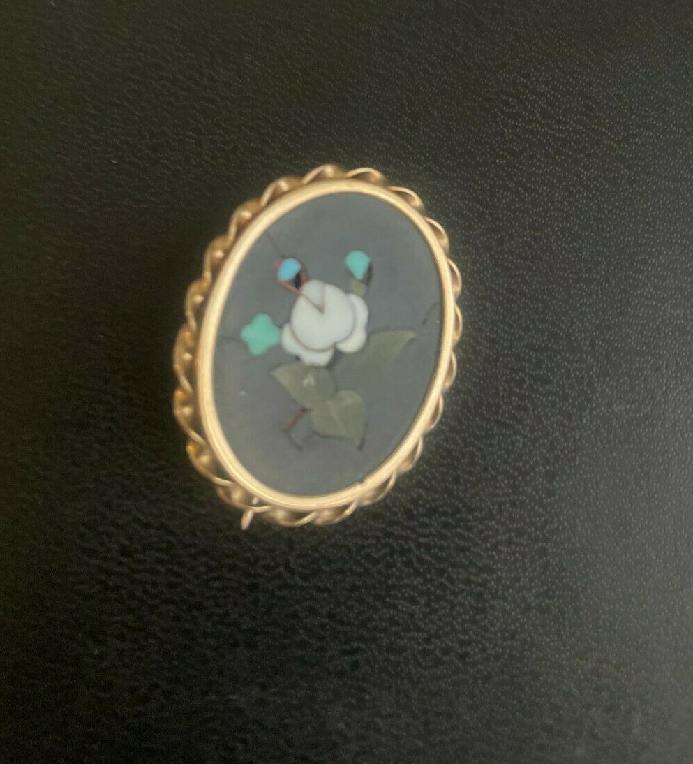Victorian Italian 14k Gold Floral Pietra Dura Pin / Brooch