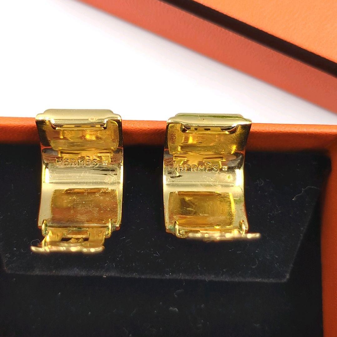 HERMES H Logo Clip On Earrings Enamel Gold Navy Vintage France Box Included Used