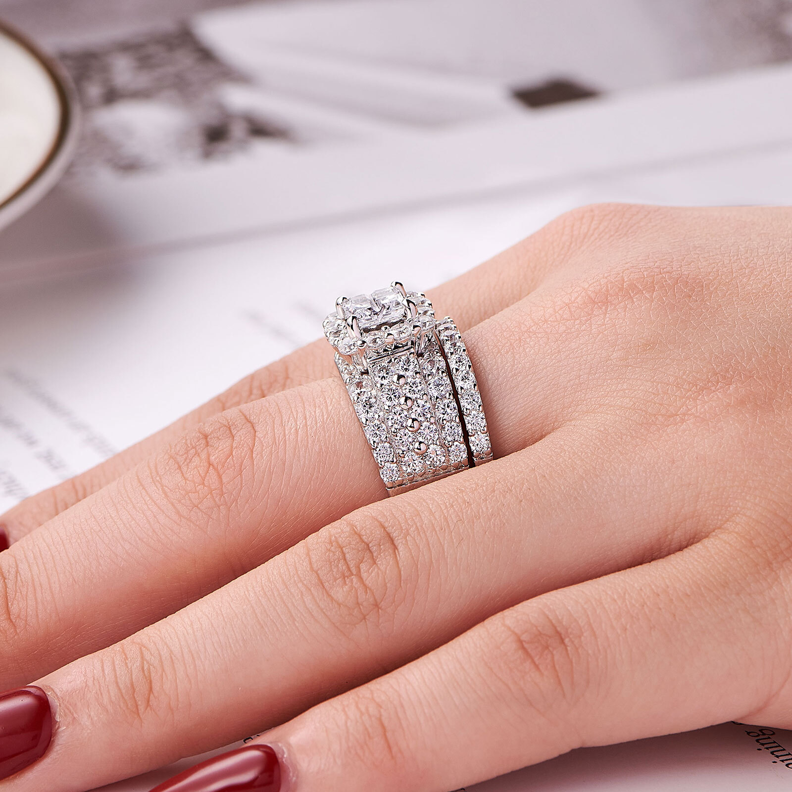 Wuziwen Big Wedding Engagement Ring for Women Heavy Silver Pure Sterling Silver