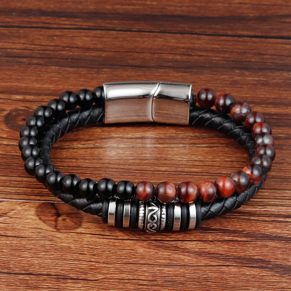 Tiger’s Eye Obsidian Bead Fashion Reiki Strength Men Leather Bracelet Xmas Gift
