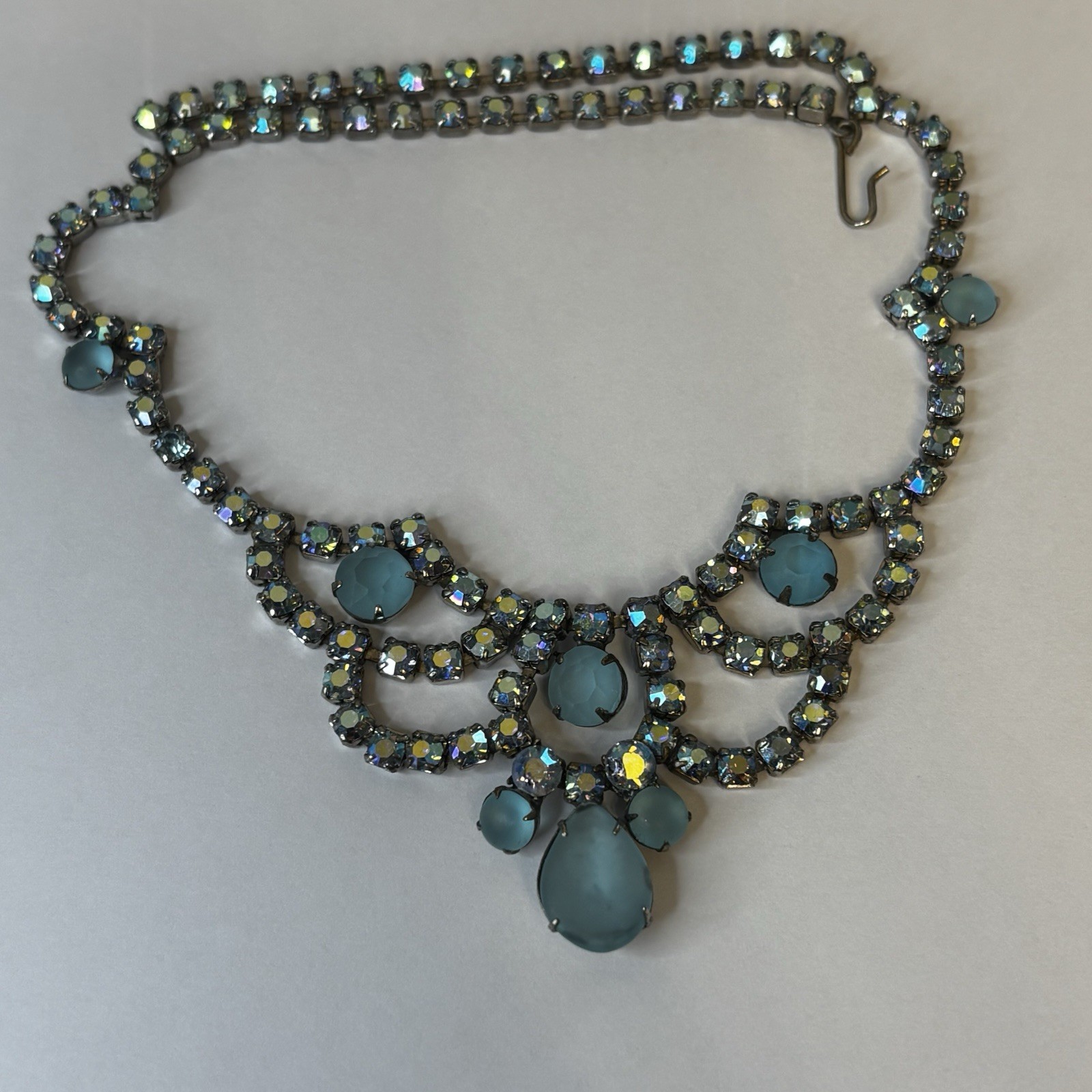 Vintage Blue AB Rhinestone Statement Necklace Jewelry Silvertone