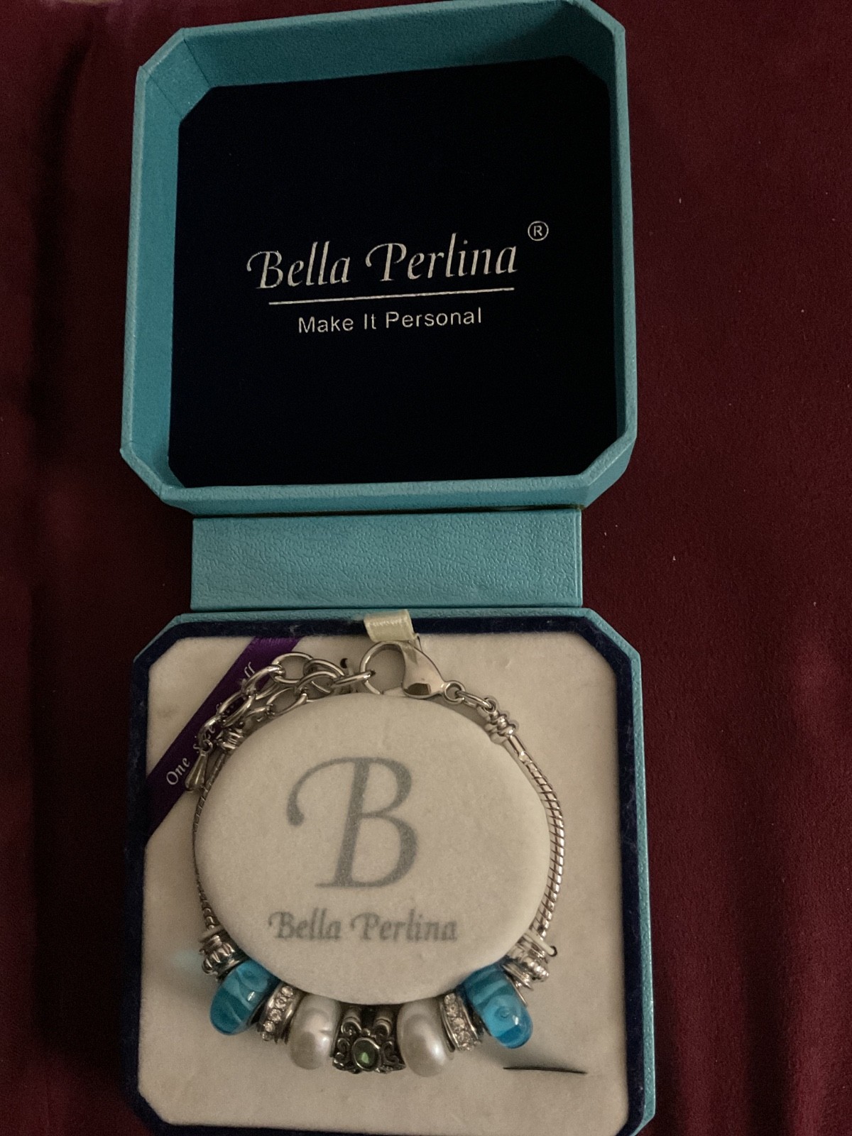 Bella Perlina Silver-Tone Charm Bracelet Blue Murano-Style Glass Crystal NIB