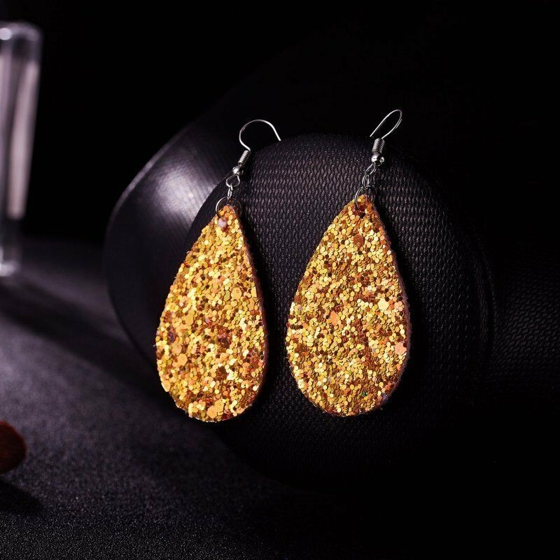 Fashion Jewelry Orange Glitter Faux Leather Fabric Teardrop Hook Dangle Earrings