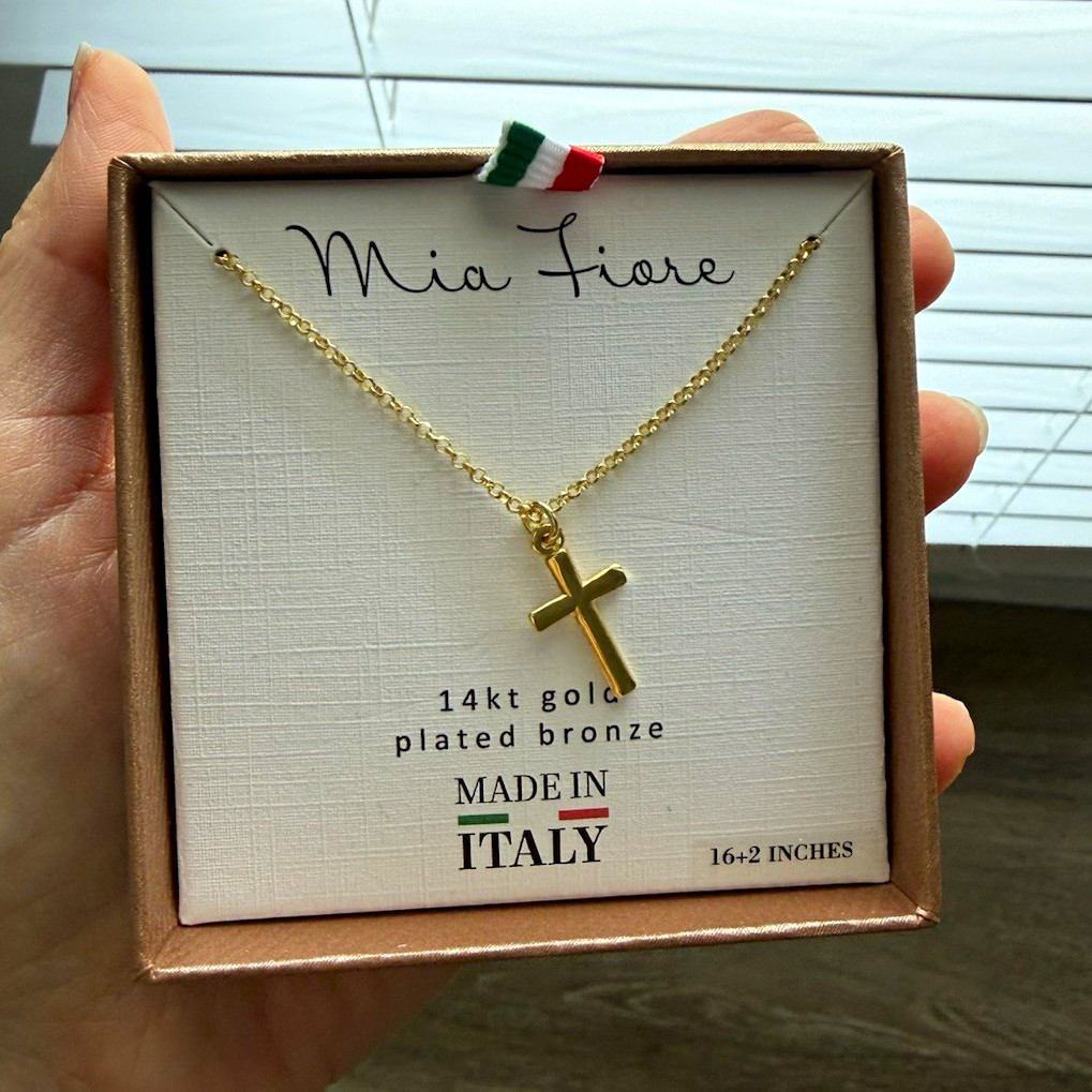 Mia Fiore Cross Pendant Necklace 14kt Gold Plated Bronze Made in Italy 16+2″
