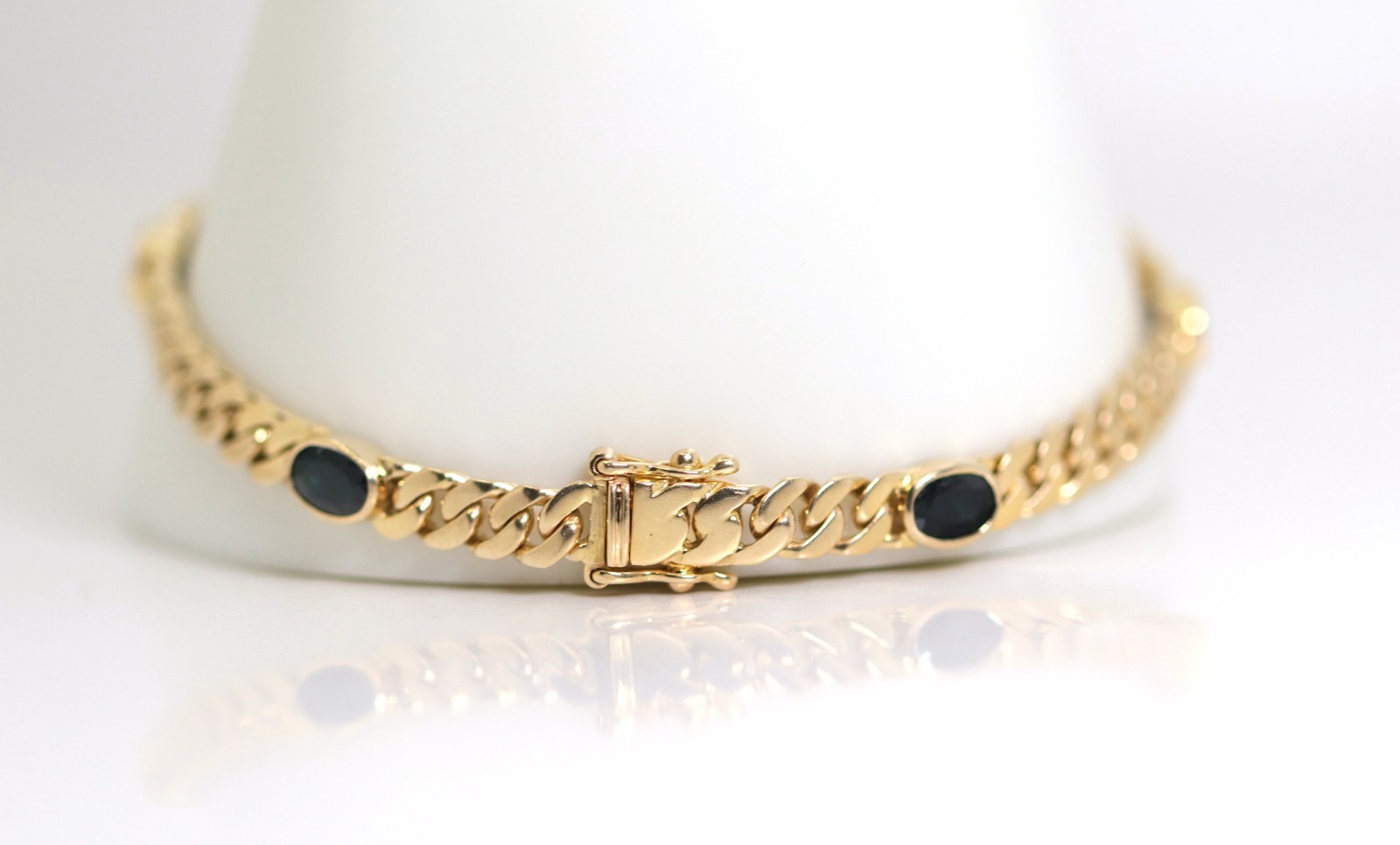 Yellow Gold Curb Sapphire Oval Gemstone Bracelet 585 – 14kt WG Hallmarked L: 21cm