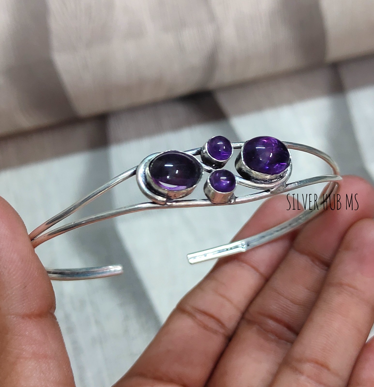 Natural Purple Amethyst Handmade 925 Sterling Silver Four Stone Bangle Cuff